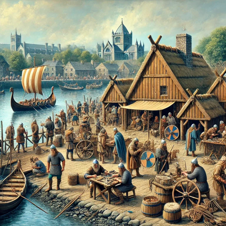 DALL·E 2025-01-20 09.55.48 - An artistic depiction of Viking Dublin, showing a bustling Viking settlement with wooden longhouses, traders, and warriors near the river. The scene c