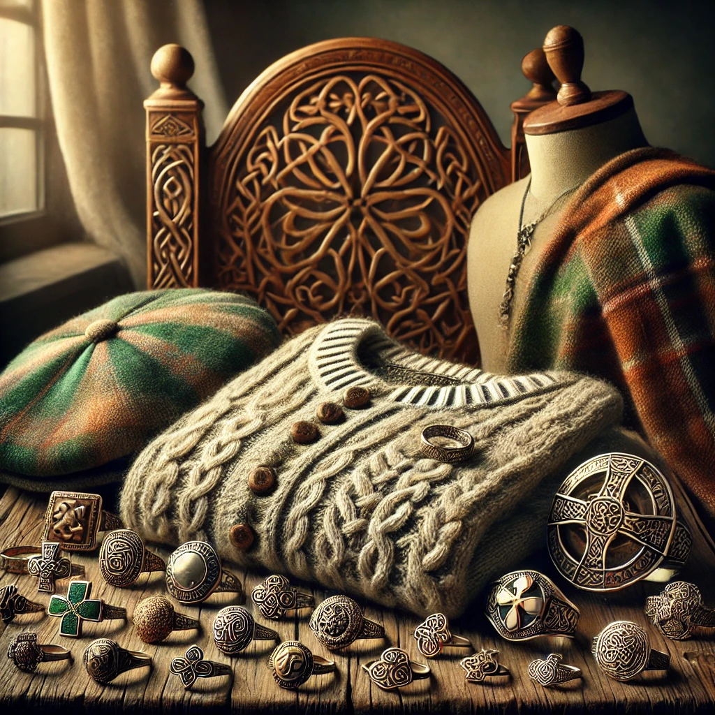 DALL·E 2025-01-27 15.21.17 - A highly detailed and realistic image showcasing Irish designs. The composition includes a display of a handcrafted Aran sweater, a Claddagh ring, Cel