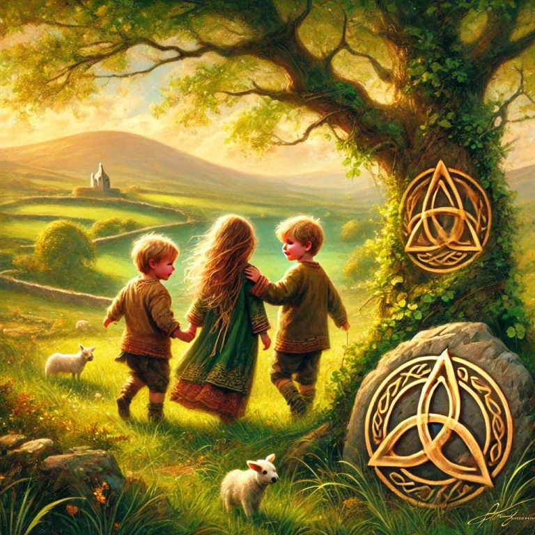 DALL·E 2025-01-27 17.35.08 - A warm and artistic depiction of Irish triplets, showing three young siblings close in age playing together in a lush, green Irish countryside. The sc