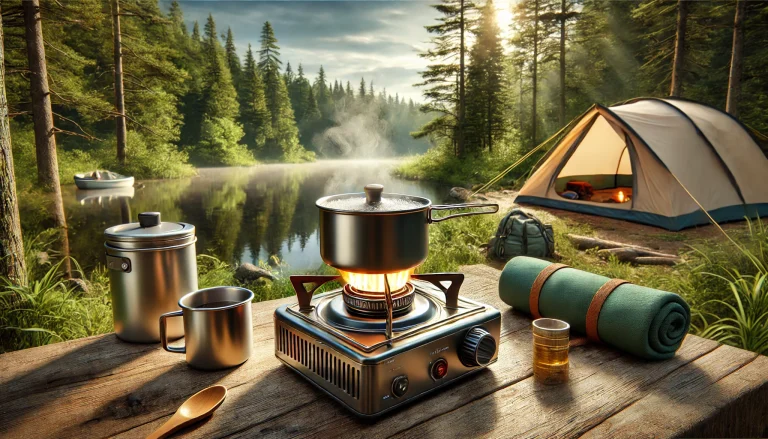 DALL·E 2025-01-28 17.06.05 - A realistic scene of a camping setup in the wilderness featuring a modern camping gas burner in use. The burner is placed on a stable surface with a s