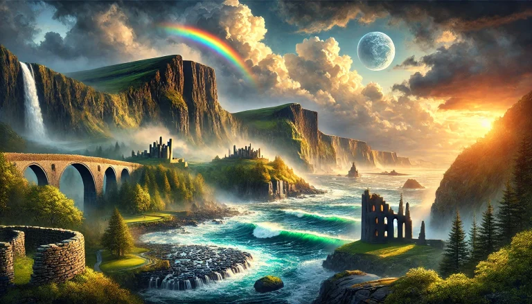 DALL·E 2025-02-02 20.47.15 - A breathtaking, atmospheric digital painting of iconic Irish landscapes. Imagine the Cliffs of Moher standing tall against crashing Atlantic waves, sh