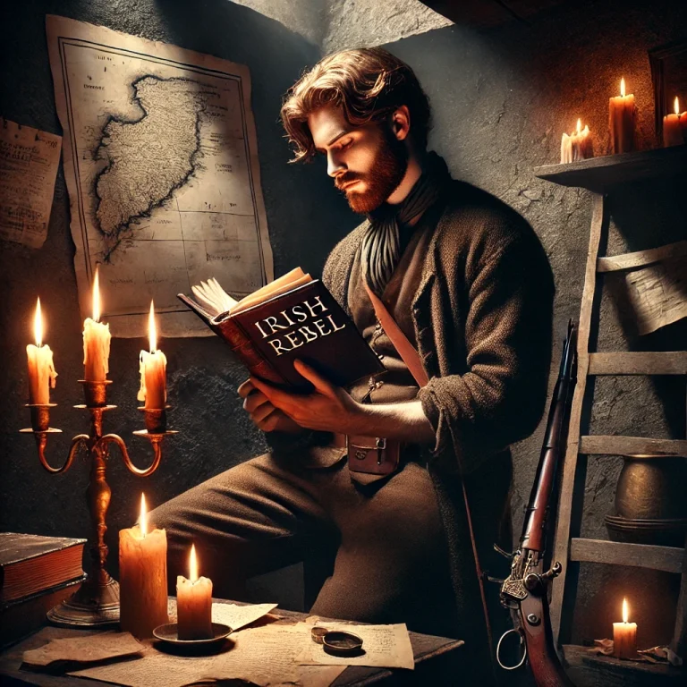 DALL·E 2025-02-08 21.58.11 - A powerful and dramatic scene of an Irish rebel reading a book by candlelight in a dimly lit room. The rebel, dressed in early 20th-century Irish revo