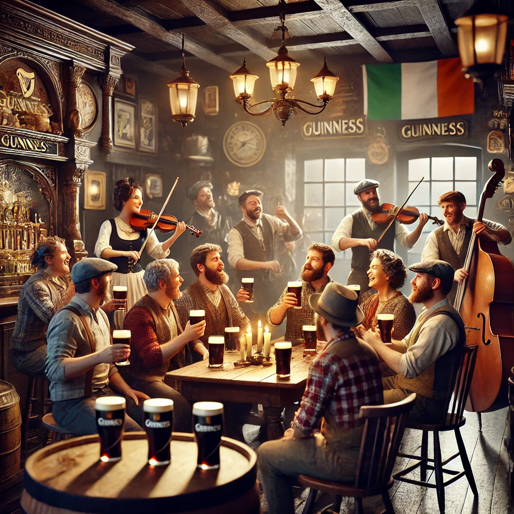 DALL·E 2025-02-09 21.45.48 - A realistic and lively Irish pub scene with a group of people gathered around a wooden table, singing traditional Irish drinking songs. The atmosphere