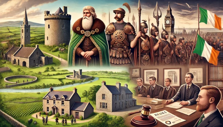 DALL·E 2025-02-10 22.02.38 - A historical timeline illustration depicting land ownership in Ireland, transitioning from medieval Gaelic clans to modern property law. The image sho