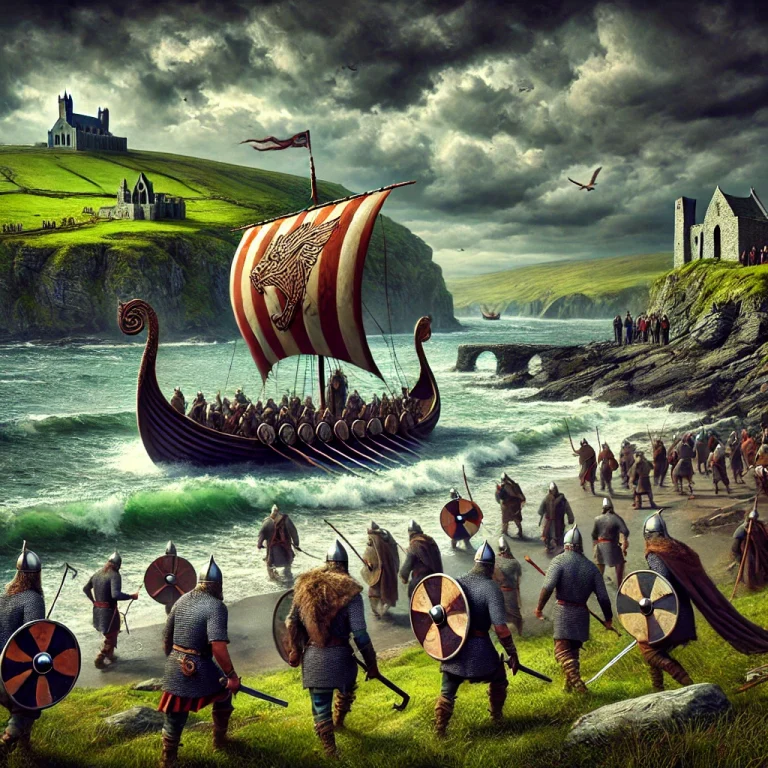 DALL·E 2025-02-11 11.10.46 - A dramatic digital painting of Viking warriors landing on the shores of Ireland in the 9th century. Their longships, adorned with carved dragon heads,