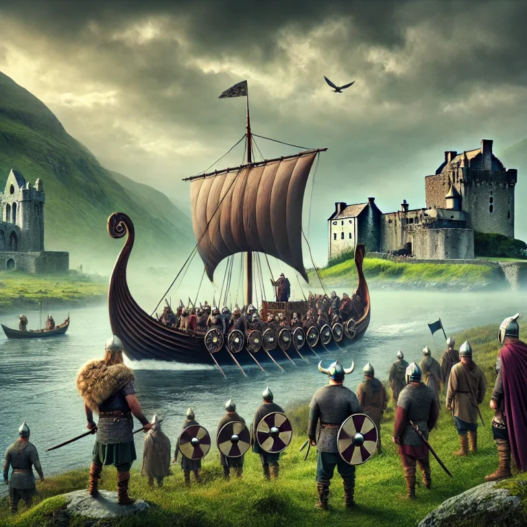 DALL·E 2025-02-11 12.01.33 - A dramatic digital painting of a Viking-themed tour in Ireland. A large Viking longship sails through a misty Irish river, with passengers dressed as