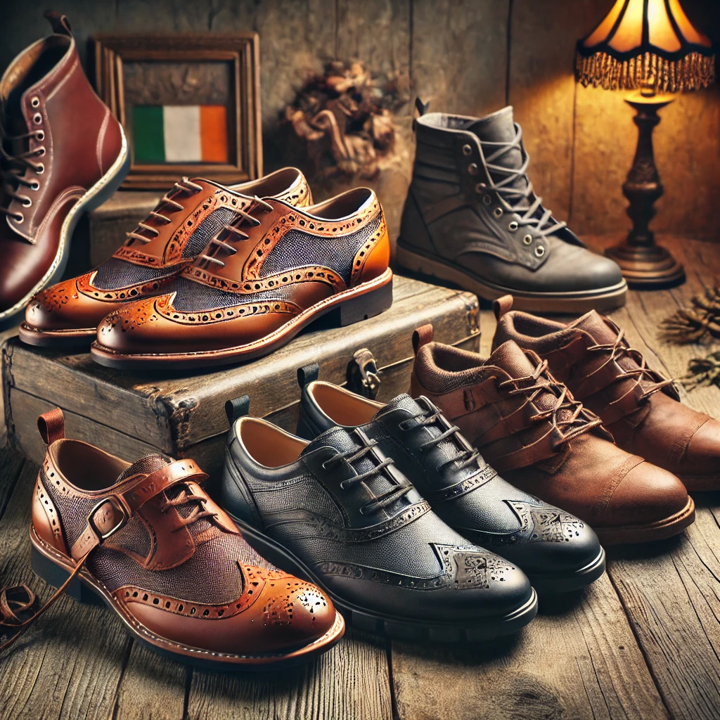DALL·E 2025-02-15 22.01.30 - A collection of traditional and modern Irish shoes displayed on a rustic wooden background. The image features classic brogues, traditional Irish danc