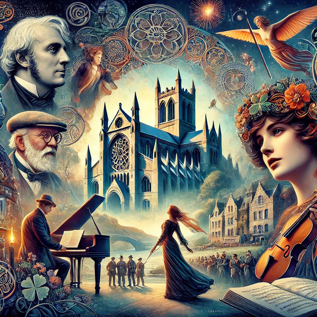 DALL·E 2025-02-16 21.21.50 - A vivid and artistic depiction of the Irish Renaissance, featuring key elements such as Irish poets and playwrights like W.B. Yeats and Lady Gregory,
