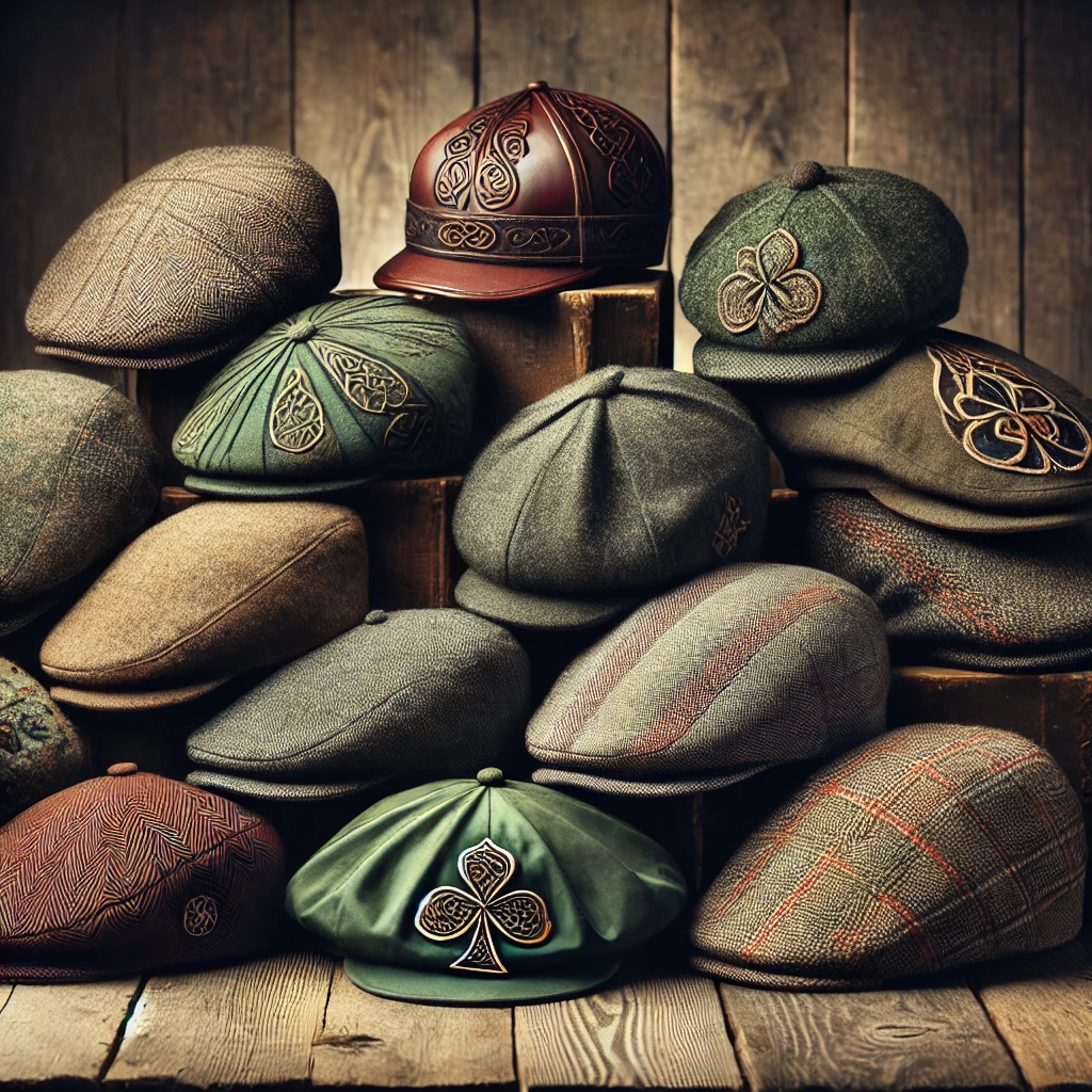 DALL·E 2025-02-26 11.22.56 - A collection of traditional Irish hats displayed on a rustic wooden background. The image features classic flat caps, paddy caps, Kerry wax caps, and