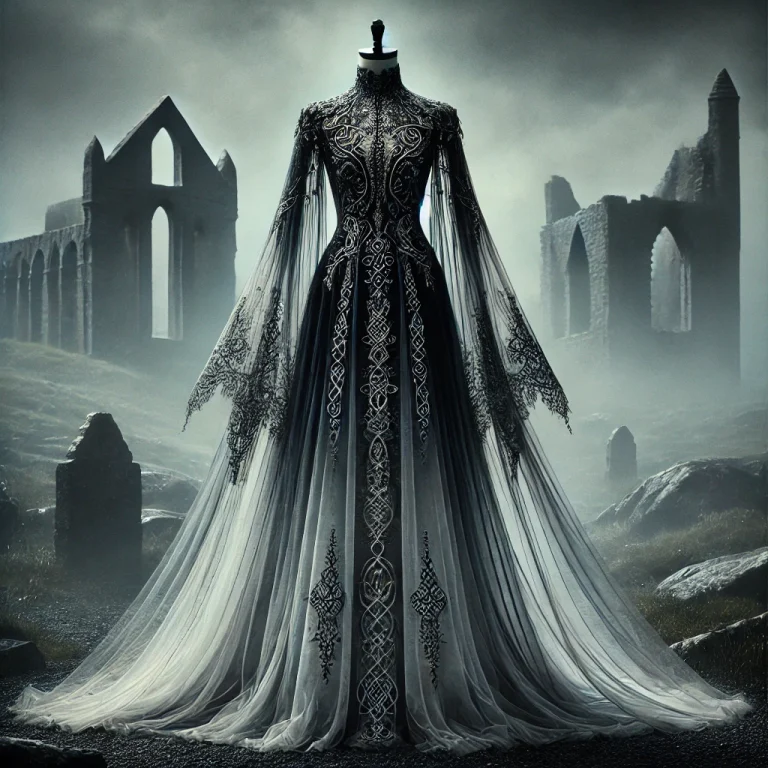 DALL·E 2025-03-07 12.44.04 - A realistic depiction of a banshee-inspired high-fashion dress. The gown is ethereal and flowing, made of sheer black and silver fabrics, with intrica