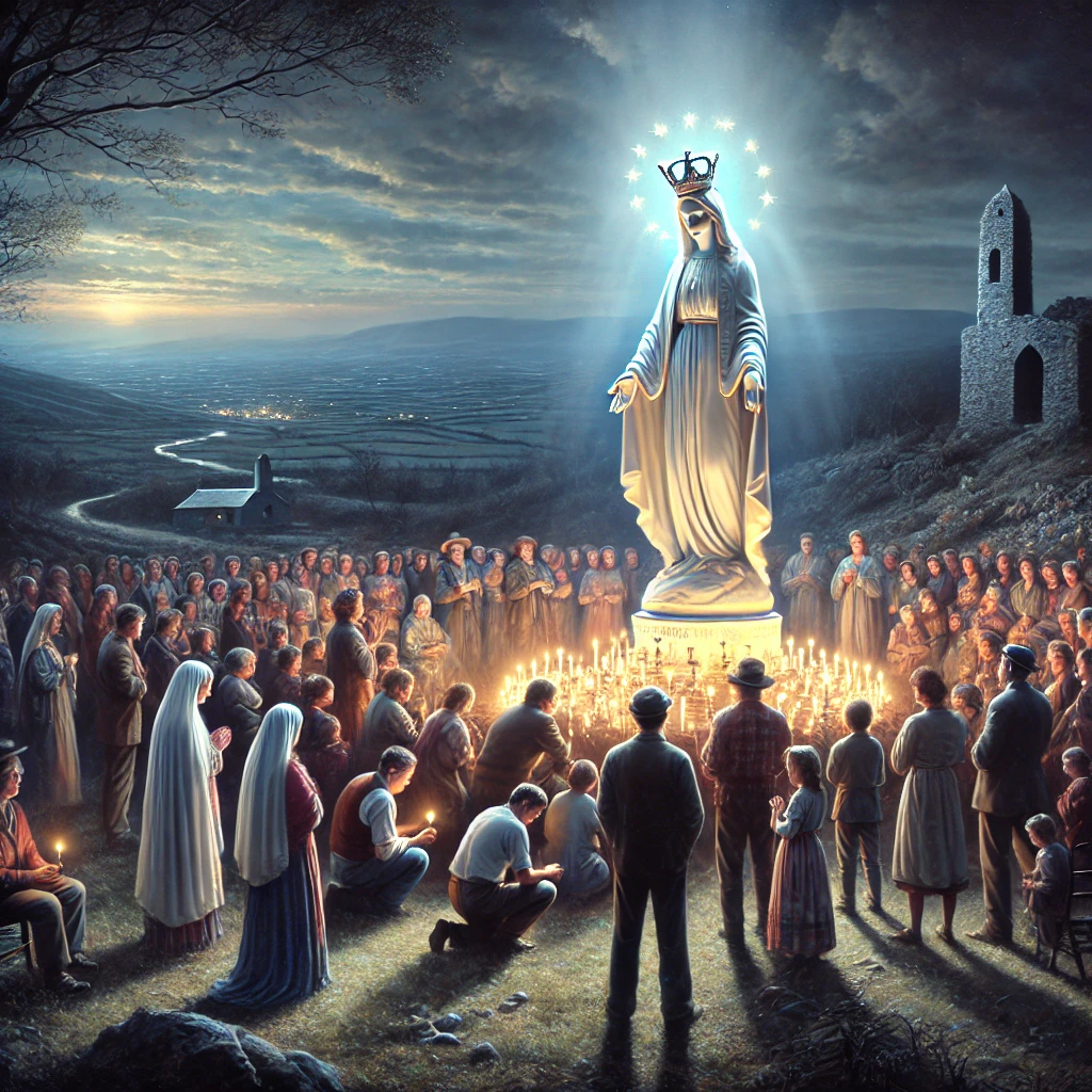 DALL·E 2025-03-07 14.37.00 - A realistic depiction of the Ballinspittle statue phenomenon in 1985. The image features a crowd of people gathered at the Ballinspittle grotto in Cou