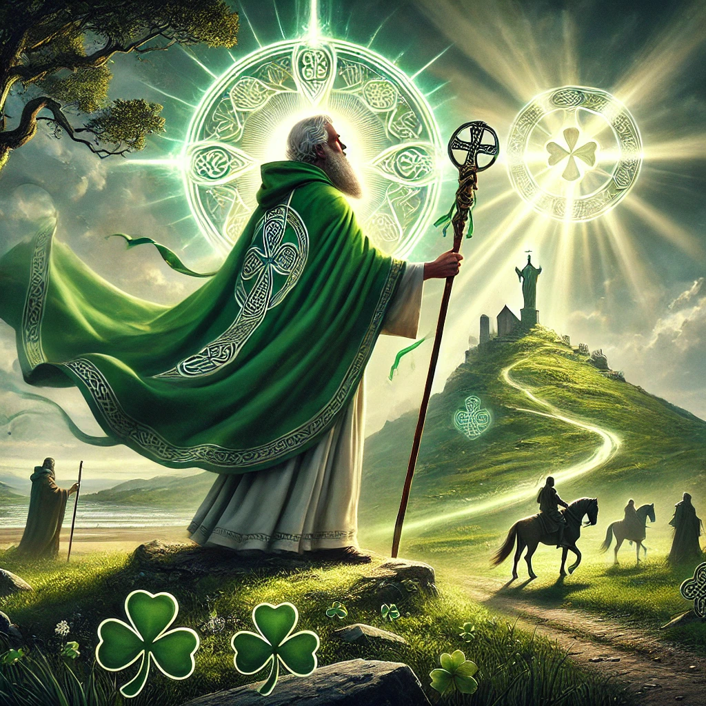 DALL·E 2025-03-10 12.48.09 - A realistic and dramatic illustration of Saint Patrick standing on an ancient Irish hilltop, reciting the Breastplate prayer. He is depicted in a flow