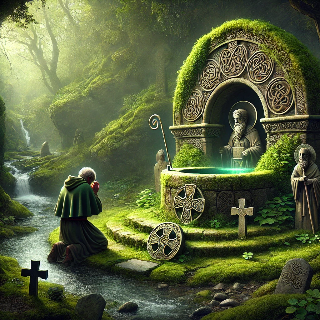DALL·E 2025-03-10 12.56.36 - A realistic and spiritual illustration of an ancient Irish holy well dedicated to Saint Patrick. The scene features a moss-covered stone well nestled
