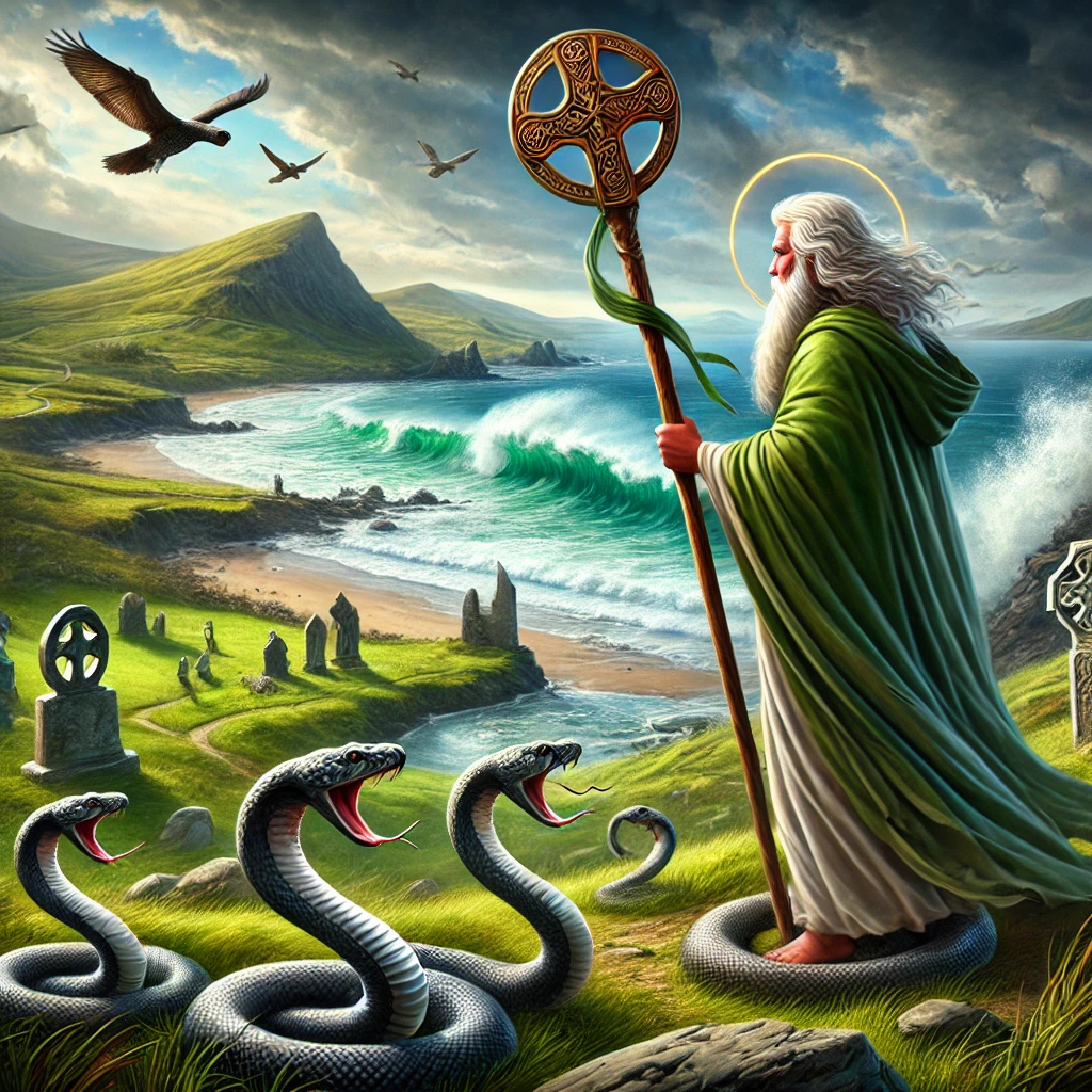 DALL·E 2025-03-10 13.11.03 - A realistic and symbolic illustration of Saint Patrick standing on an ancient Irish hillside, banishing snakes into the sea with his staff. He is wear