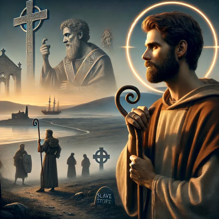 DALL·E 2025-03-10 13.32.17 - A realistic and contemplative illustration of Saint Patrick in a reflective moment, standing on an Irish hilltop at twilight. He is depicted in modest