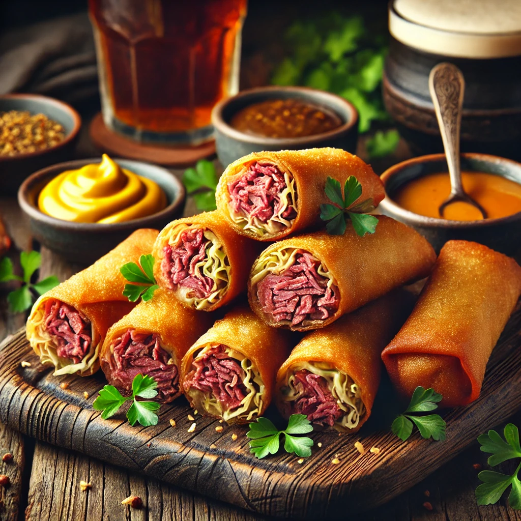 DALL·E 2025-03-10 13.58.06 - A close-up image of crispy golden spring rolls filled with shredded corned beef and cabbage, displayed on a rustic wooden serving platter. A small bow