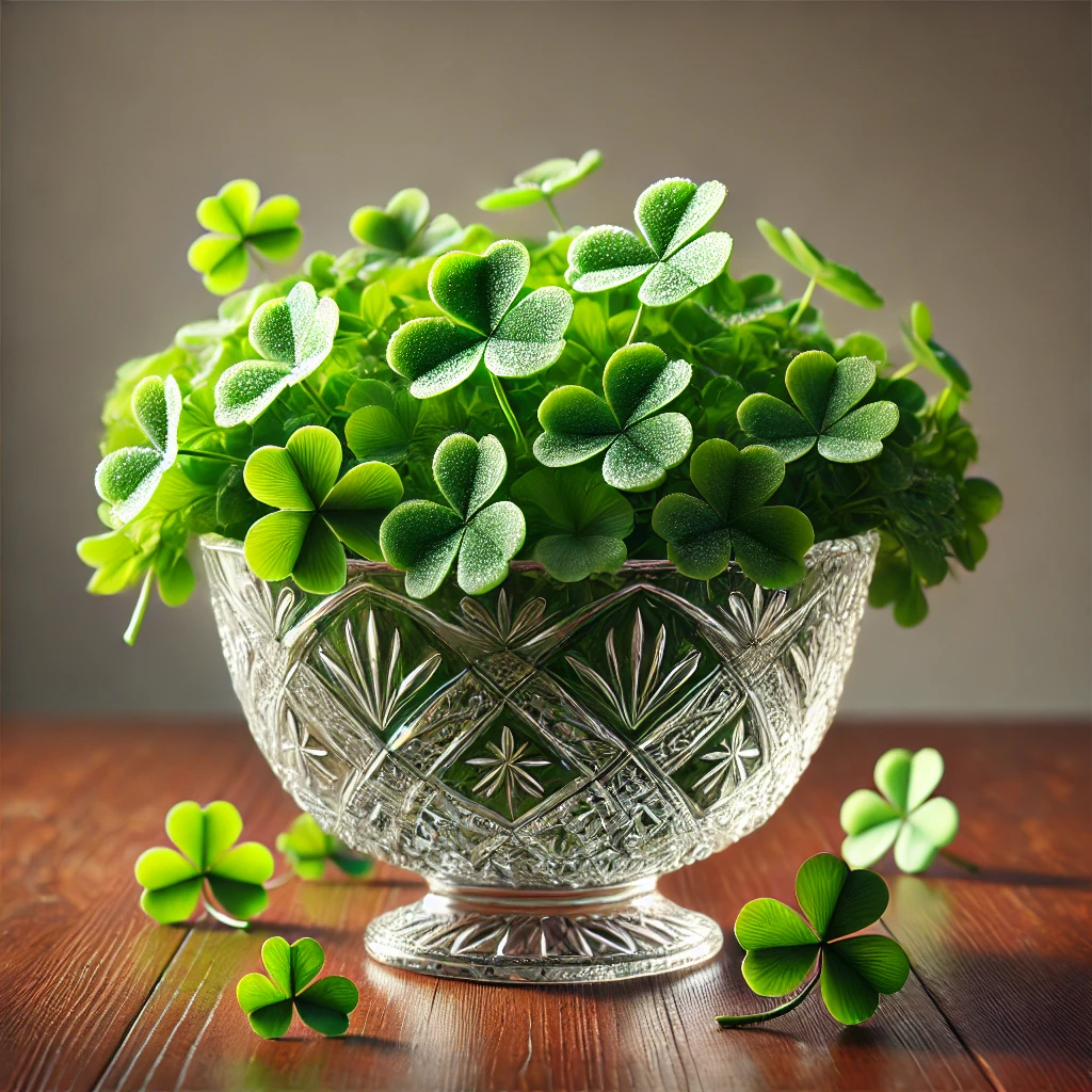 DALL·E 2025-03-12 07.13.16 - A realistic image of a crystal bowl filled with fresh green shamrocks. The bowl is intricately cut with traditional Irish patterns and sits on a polis