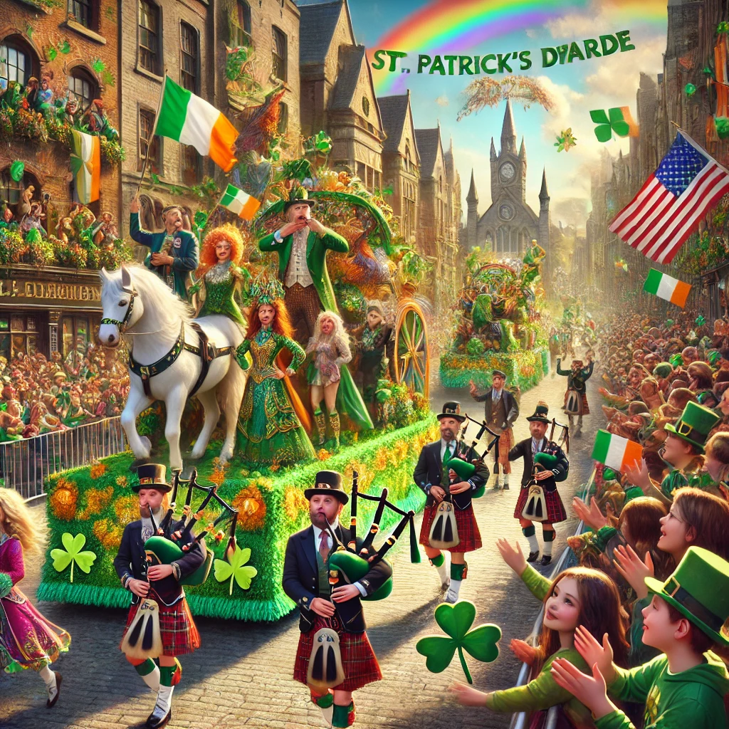 DALL·E 2025-03-12 07.19.02 - A vibrant and realistic image of a St. Patrick's Day parade in Ireland. The scene shows lively crowds lining the streets, waving Irish flags, with per