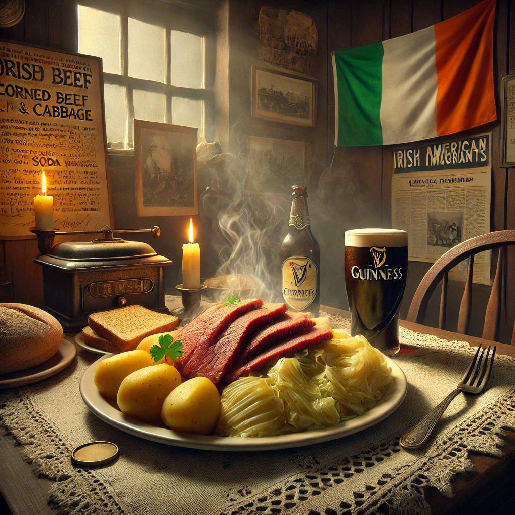 DALL·E 2025-03-12 07.22.57 - A realistic and warm image of a rustic Irish-American kitchen table set for St. Patrick's Day. The centerpiece is a steaming plate of corned beef and