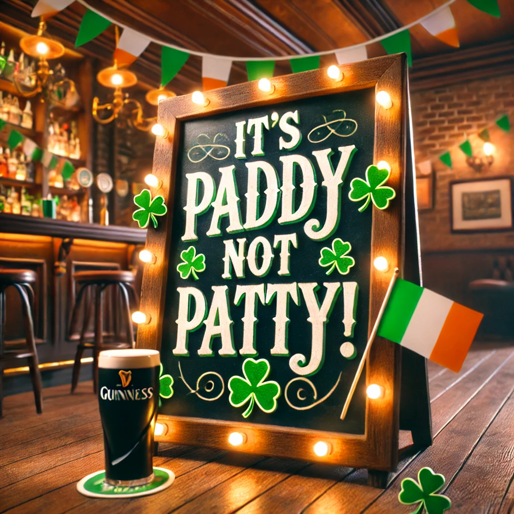 DALL·E 2025-03-12 07.28.42 - A realistic image of a chalkboard sign in a traditional Irish pub with the message 'It’s Paddy, Not Patty!' written in bold white and green vintage-st