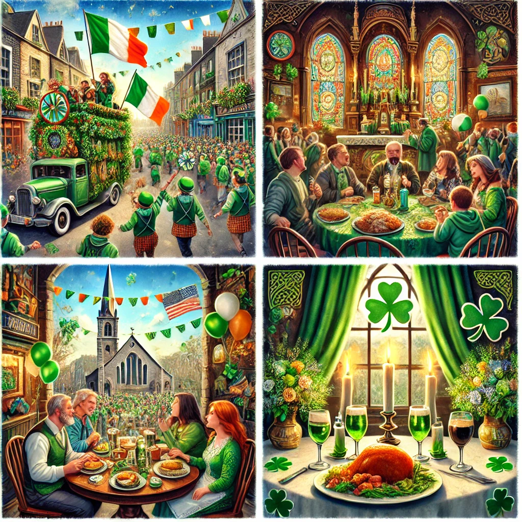 DALL·E 2025-03-12 08.19.30 - A vibrant and detailed image showing multiple ways to celebrate St. Patrick’s Day in Ireland. The scene includes a lively street parade with floats, m