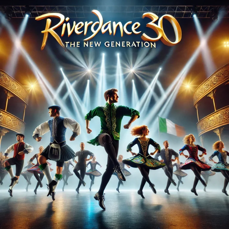 DALL·E 2025-03-12 09.29.59 - A realistic image of the Riverdance 30th anniversary performance on stage, showing energetic Irish dancers in traditional costumes mid-step, vibrant s