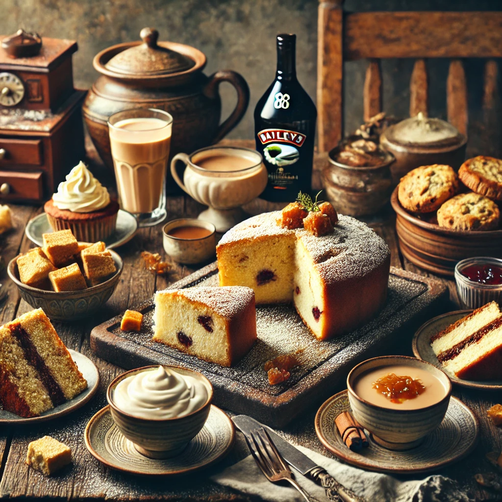 DALL·E 2025-03-12 12.49.26 - A warm and inviting image of a traditional Irish dessert spread on a rustic wooden table. The scene includes slices of Irish apple cake with powdered