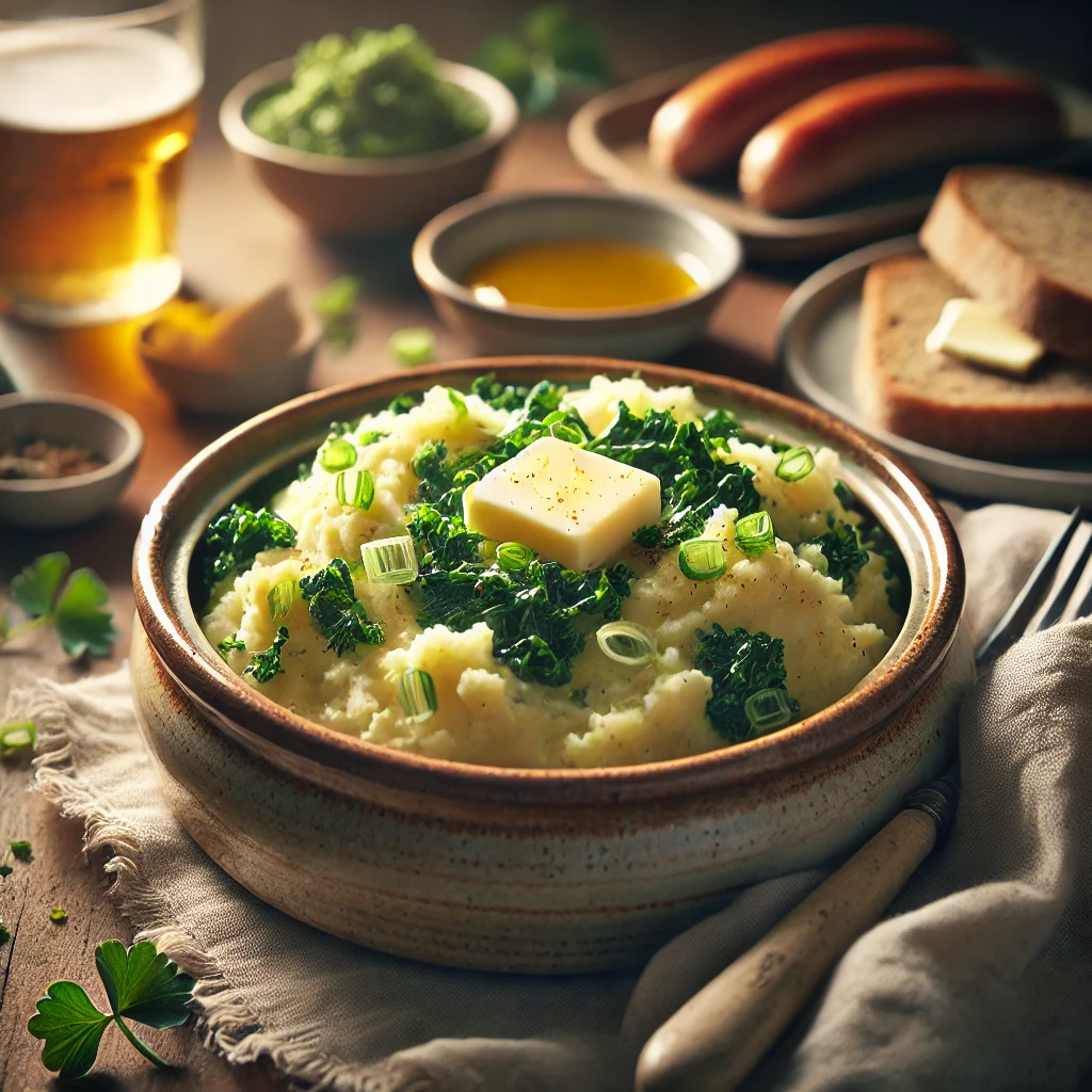 DALL·E 2025-03-12 13.06.42 - A warm and rustic image of a traditional Irish Colcannon dish served in a ceramic bowl. The mashed potatoes are creamy and speckled with finely choppe
