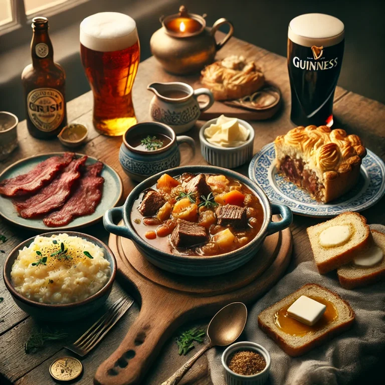 DALL·E 2025-03-12 13.16.20 - A cozy and rustic image of a traditional Irish dinner table spread. The table includes a bowl of Irish stew with lamb and vegetables, a plate of bacon