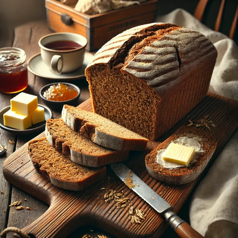 DALL·E 2025-03-12 15.18.57 - A realistic and rustic image of traditional Irish brown bread on a wooden cutting board. The loaf is partially sliced, showing its dense and hearty wh