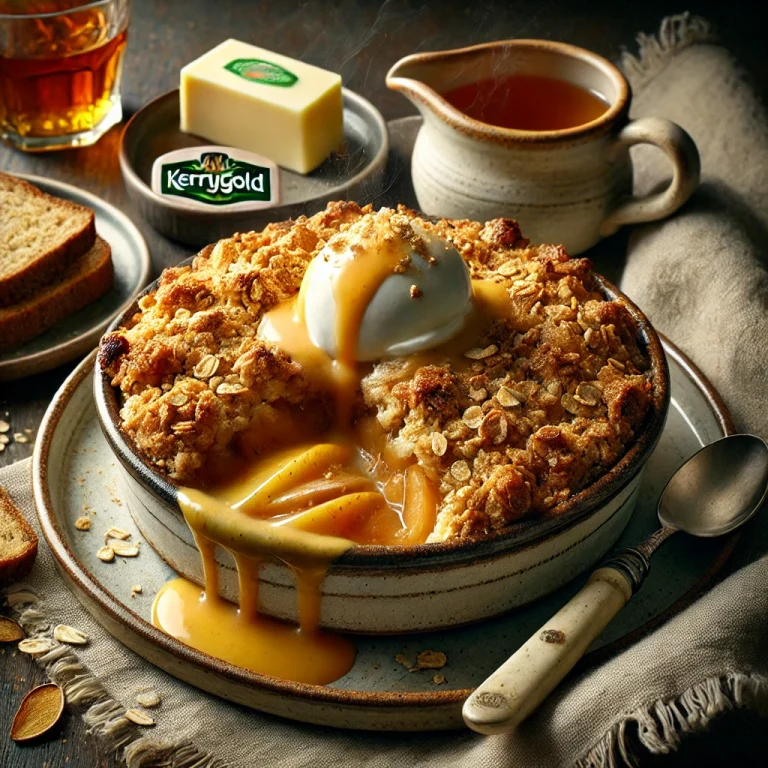 DALL·E 2025-03-12 18.57.49 - A realistic and rustic image of a traditional Irish apple crumble served in a ceramic dish. The crumble has a golden oat topping with apples bubbling
