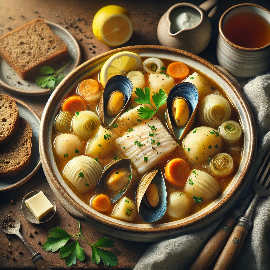 DALL·E 2025-03-12 19.04.35 - A realistic and rustic image of traditional Irish fish stew served in a ceramic bowl. The stew features chunks of white fish, potatoes, carrots, leeks