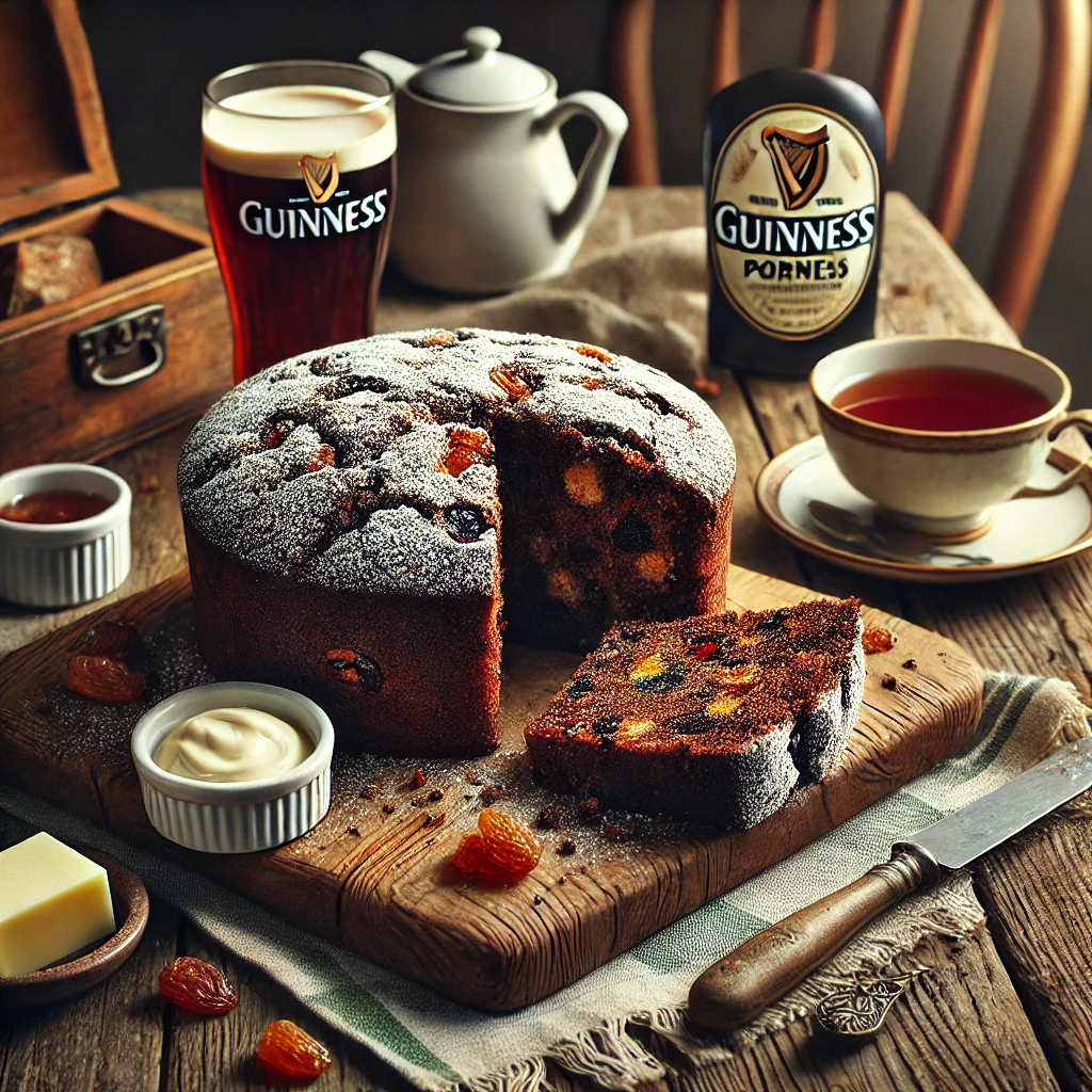 DALL·E 2025-03-12 19.30.00 - A realistic and rustic image of a traditional Irish Guinness porter cake. The cake is dense and rich, studded with dried fruits, and sliced to show it