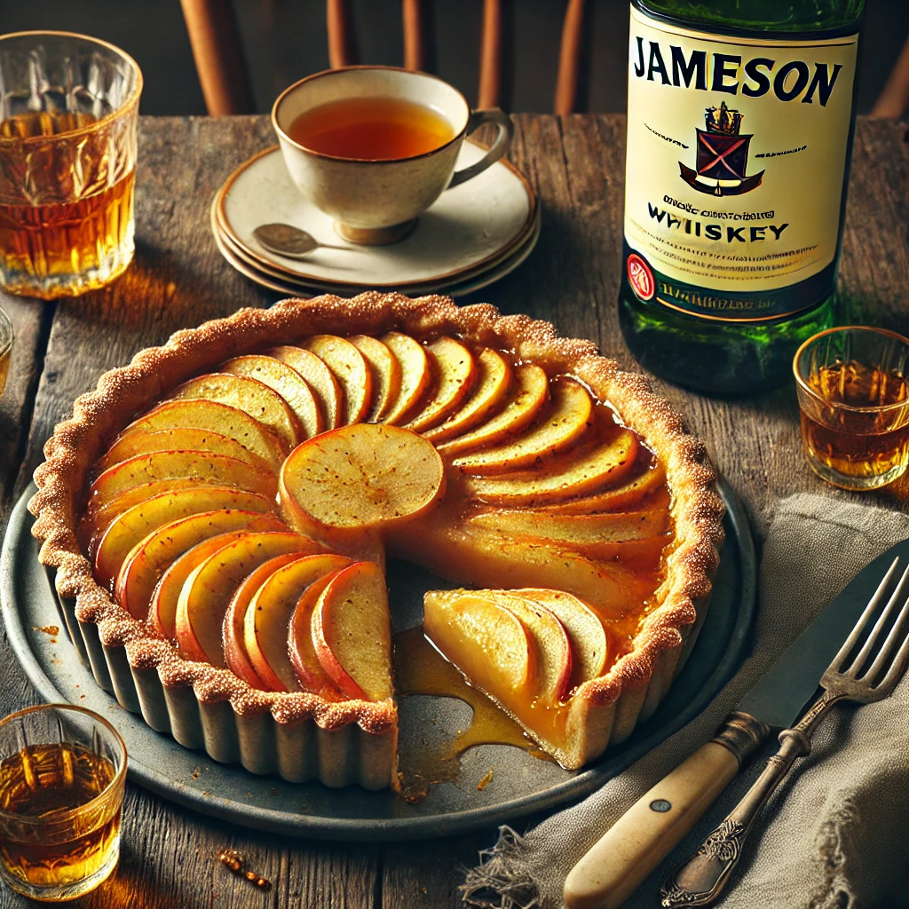 DALL·E 2025-03-12 19.39.31 - A realistic and rustic image of a traditional Irish apple and Jameson whiskey tart. The tart has a golden, flaky crust with neatly arranged spiced app