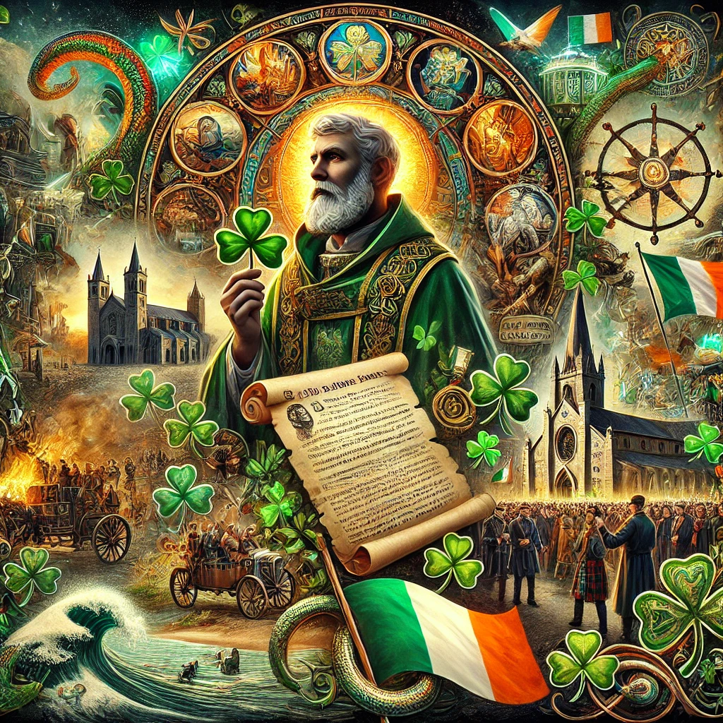DALL·E 2025-03-13 09.22.33 - A visually striking artistic montage of the 10 key facts about St. Patrick. The image includes a portrait of St. Patrick holding a shamrock, a map sho