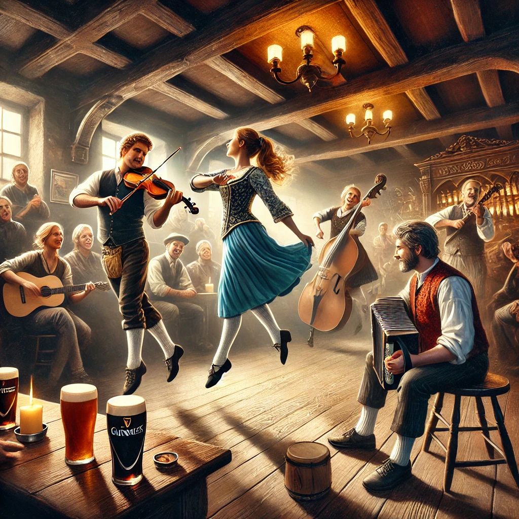 DALL·E 2025-03-13 16.05.20 - A realistic and rustic image of an Irish jig music session in a traditional pub. The scene includes Irish dancers mid-leap with flowing movement, wear
