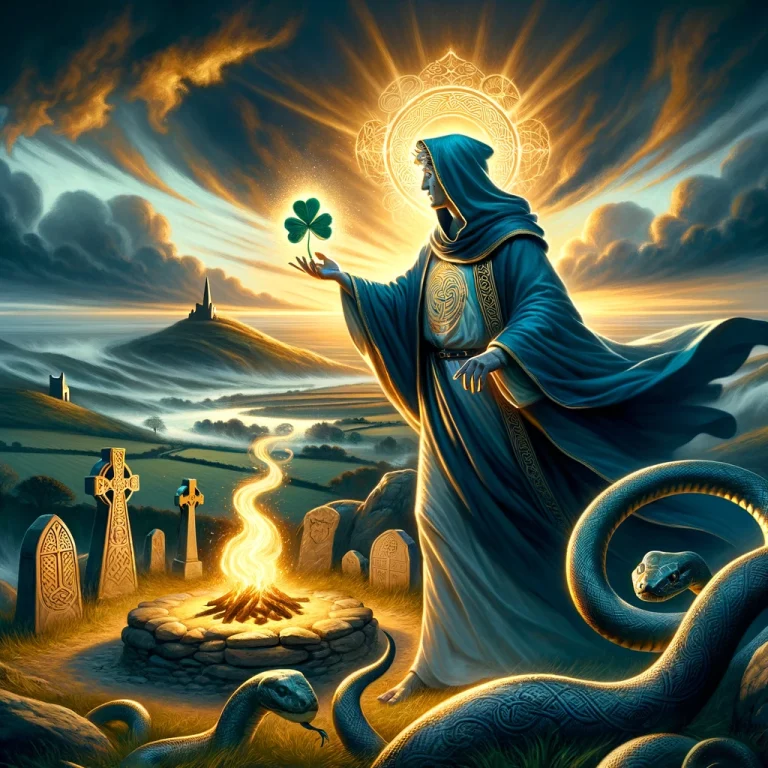 DALL·E 2025-03-15 10.18.54 - A dramatic and spiritual illustration of St. Patrick performing a miracle on the Hill of Slane. St. Patrick stands with flowing St. Patrick's blue rob