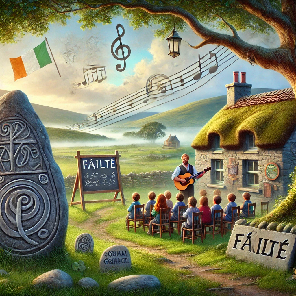 DALL·E 2025-03-19 21.39.52 - A realistic and artistic illustration capturing the essence of Ireland's native language, Gaeilge. The scene features a scenic Irish countryside with