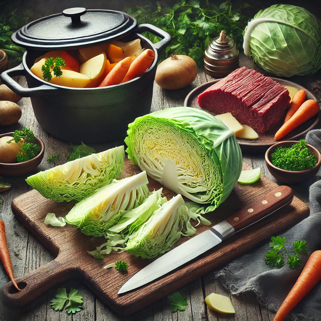 DALL·E 2025-03-19 21.50.21 - A realistic and rustic image of a traditional Irish kitchen setting showing cabbage being cut on a wooden cutting board, next to a pot of corned beef
