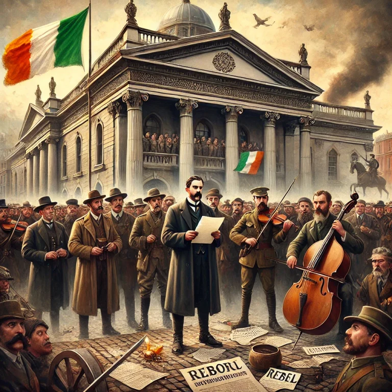 DALL·E 2025-03-20 07.02.53 - An emotional and historically rich illustration depicting the key figures of the 1916 Easter Rising in Dublin. The scene shows Patrick Pearse reading