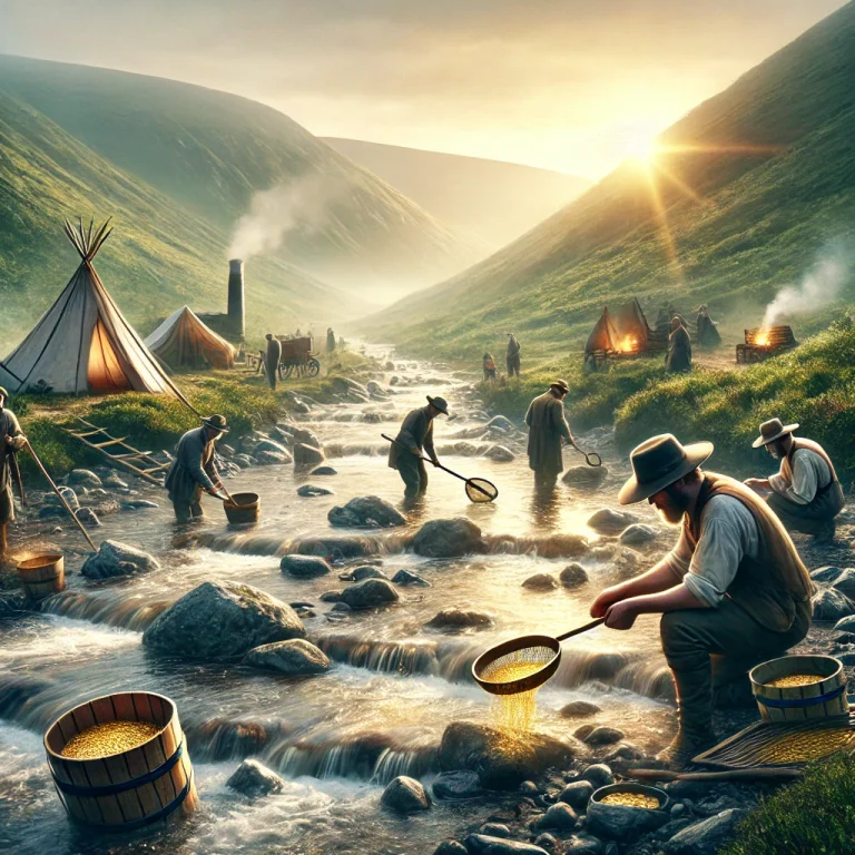 DALL·E 2025-03-21 17.36.51 - A realistic depiction of a historical gold mining scene in County Wicklow, Ireland. The image features 18th-century Irish prospectors panning for gold