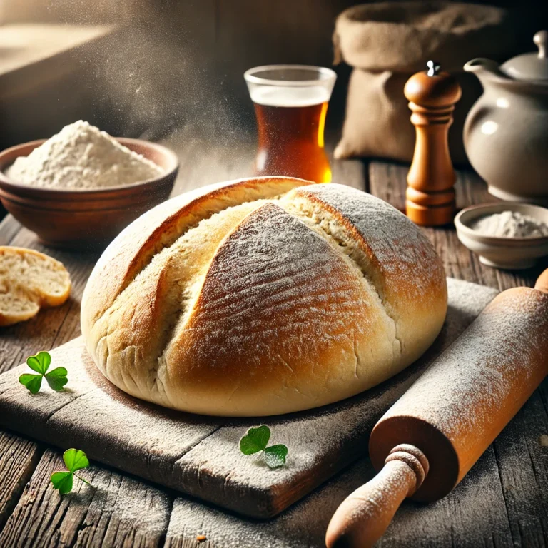 DALL·E 2025-03-25 20.38.59 - A realistic and rustic image of freshly baked Blaa bread, an Irish specialty. The bread is soft and flour-dusted, sitting on a wooden table with a war