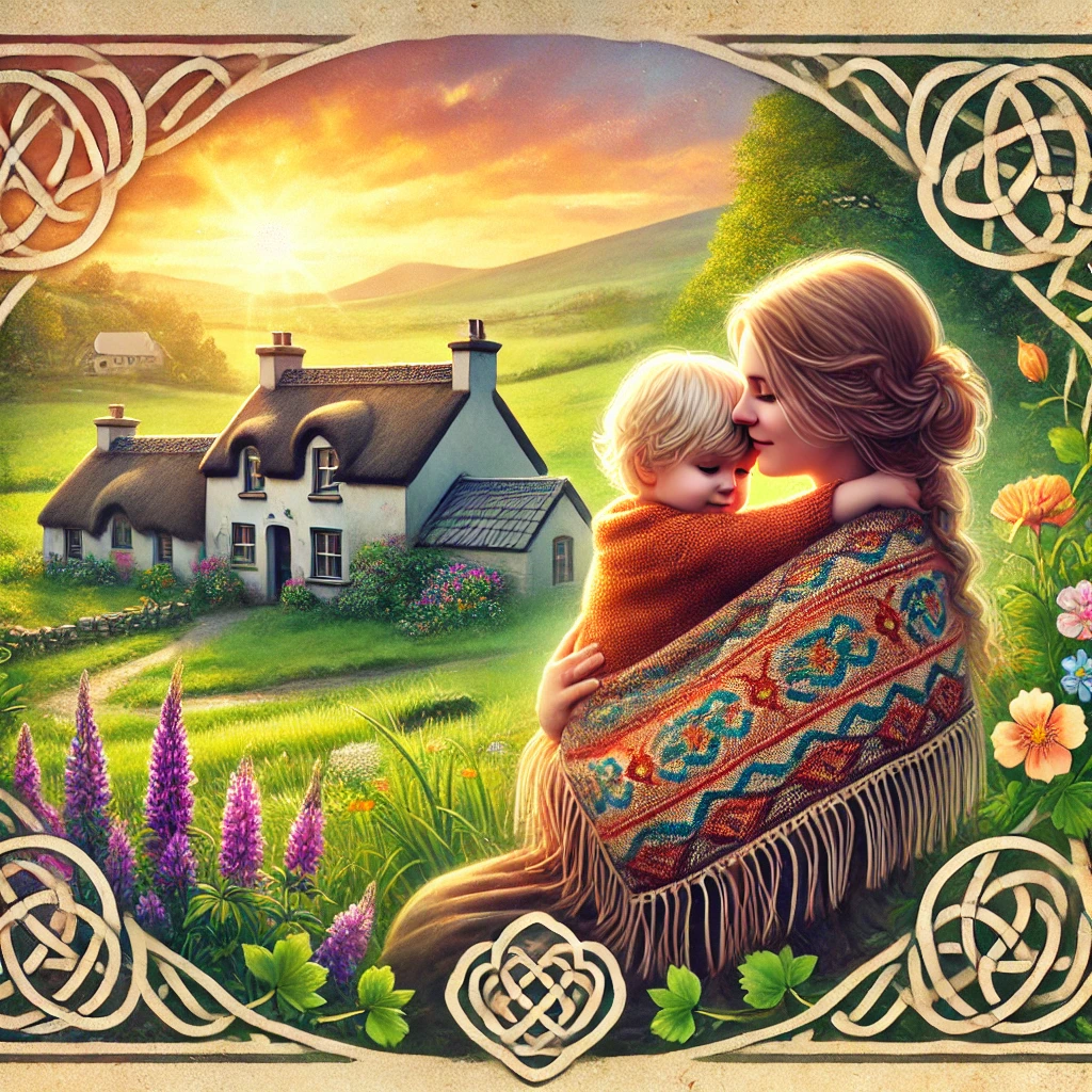 DALL·E 2025-03-27 08.56.53 - A heartwarming Mother's Day scene set in Ireland. A mother and child share a warm embrace in a lush green countryside, with a Celtic knot-patterned sh